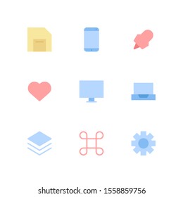UI Essential icon set = save disk, smartphone, pin marker, love, monitor, laptop, layer, command, setting