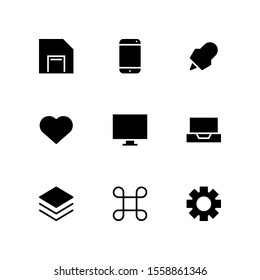 UI Essential icon set = save disk, smartphone, pin marker, love, monitor, laptop, layer, command, setting