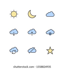 UI Essential icon set = Sun, Half moon, Cloud Download, Cloud Upload, Cancel Cloud, Refresh Cloud, disable, star