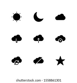 UI Essential icon set = Sun, Half moon, Cloud Download, Cloud Upload, Cancel Cloud, Refresh Cloud, disable, star