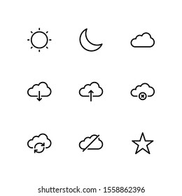 UI Essential icon set = Sun, Half moon, Cloud Download, Cloud Upload, Cancel Cloud, Refresh Cloud, disable, star