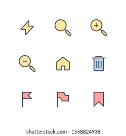 UI Essential icon set = Thunder, Search, Zoom In, Zoom Out, Home, Trash, Flag, Bookmark