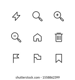 UI Essential icon set = Thunder, Search, Zoom In, Zoom Out, Home, Trash, Flag, Bookmark