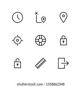 UI Essential icon set = Time, map direction, pin, target, lifebuoy, locked, unlock, ruler, logout