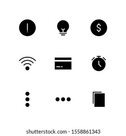 UI Essential icon set = Warning circle, lamp, coin dollar, wifi signal, credit card, stopwatch, setting, more, duplicate