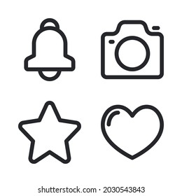 UI Iconos esenciales establecidos = campana, cámara, estrella, amor. Perfecto para aplicaciones móviles de sitios web, iconos de aplicaciones, presentación, ilustración y cualquier otro proyecto.