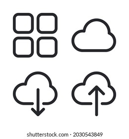 UI Essential icons set = dashboard, cloud, cloud download, cloud upload. Perfect for website mobile app, app icons, presentation, illustration and any other projects.