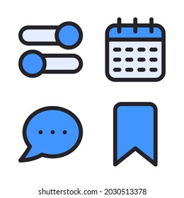 UI Essential icons set (Filled Line) = setting, calendar, speech bubble, bookmark. Perfect for website mobile app, app icons, presentation, illustration and any other projects.