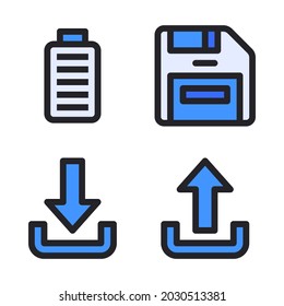 UI Essential icons set (Filled Line) = full battery, save, download, upload. Perfect for website mobile app, app icons, presentation, illustration and any other projects.