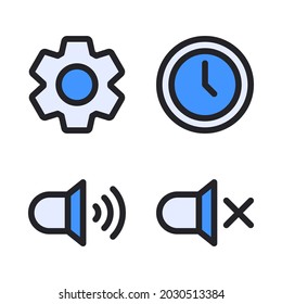UI Essential Icons set (Filled Line) = Einstellung, Zeit, Volumen, Stille. Perfekt für mobile App-Anwendungen, App-Icons, Präsentationen, Illustrationen und andere Projekte.