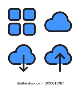 UI Essential icons set (Filled Line) = dashboard, cloud, cloud download, cloud upload. Perfect for website mobile app, app icons, presentation, illustration and any other projects.