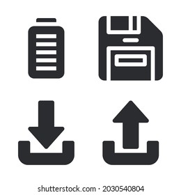 UI Essential icons set = full battery, save, download, upload. Perfect for website mobile app, app icons, presentation, illustration and any other projects.