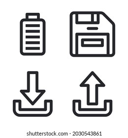UI Essential icons set = full battery, save, download, upload. Perfect for website mobile app, app icons, presentation, illustration and any other projects.