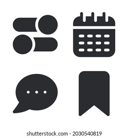 UI Essential icons set = setting, calendar, speech bubble, bookmark. Perfect for website mobile app, app icons, presentation, illustration and any other projects.