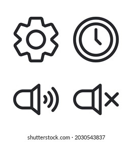 UI Essential icons set = setting, time, volume, silent. Perfect for website mobile app, app icons, presentation, illustration and any other projects.