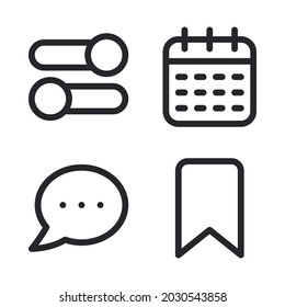 UI Essential icons set = setting, calendar, speech bubble, bookmark. Perfect for website mobile app, app icons, presentation, illustration and any other projects.