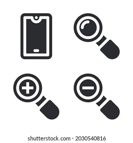 UI Essential icons set = smarthphone, search, zoom in, zoom out. Perfect for website mobile app, app icons, presentation, illustration and any other projects.