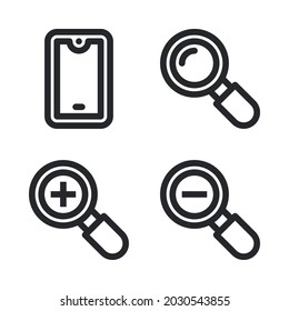 UI Essential icons set = smarthphone, search, zoom in, zoom out. Perfect for website mobile app, app icons, presentation, illustration and any other projects.