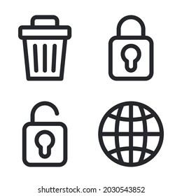 UI Iconos esenciales establecidos = papelera de basura, bloqueados, desbloqueados, navegador. Perfecto para aplicaciones móviles de sitios web, iconos de aplicaciones, presentación, ilustración y cualquier otro proyecto.