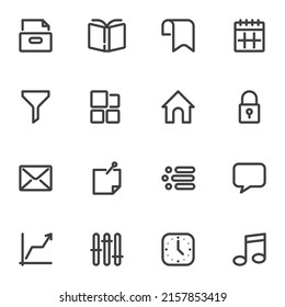 conjunto de iconos de línea esenciales de la interfaz de usuario, colección de símbolos de vector de contorno, paquete de pictogramas de estilo lineal. Señales, ilustración del logotipo. Establecer incluye iconos como carpeta de archivos, calendario, mensaje de chat, correo, reloj, música