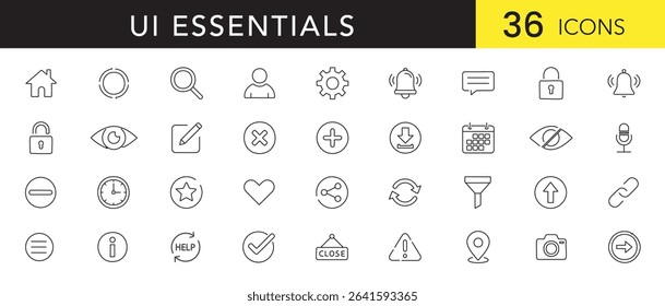 UI Essentials Line Art Icon Set – Minimal Outline Icons for User Interface Design and Web Applications