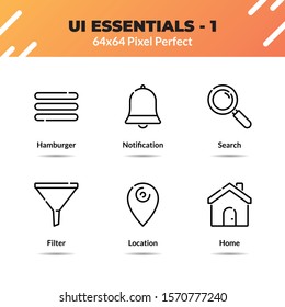 UI essentials line icon set vector. Contains such icon as hamburger, notification, search, filter, location and home. Editable stroke pixel perfect