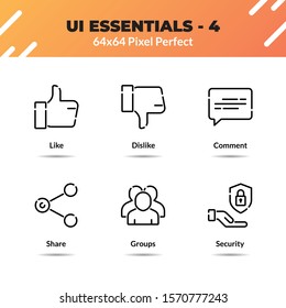 UI essentials line icon set vector. Contains such icon as like, dislike, comment, share, group, security. Editable stroke pixel perfect