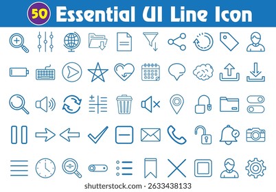 UI Essentials Line Icon Set. 50 Simple Black Line Art Icons for Web, App, and Interface Design