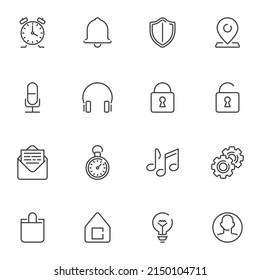 UI essentials Linie Icons Set, Umriss Vektorsymbol Sammlung, lineares Piktogramm Pack. Zeichen, Logo-Illustration. Set enthält Symbole wie Wecker, Benachrichtigungsglocke, Mikrofon, Einstellungen, Schloss