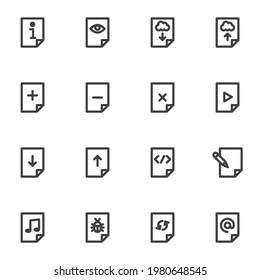 UI-Dateien Zeilensymbole gesetzt, Umriss Vektorsymbol Sammlung, lineares Piktogramm-Paket. Zeichen, Logo-Illustration. Set enthält Symbole als Download-Dateiordner, E-Mail-Dokument, Musikgalerie