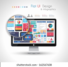 UI Flat Design Elements in a modern HD screen computer: Web and Infographics theme.