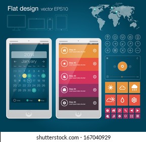 UI flat design web elements with Calendar and Map of World