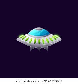 Ui game animation flying object, unidentified starship game asset isolated. Vector spacecraft alien ufo saucer or disk shape ship. Spaceship extraterrestrial station, cartoon cosmos galaxy invader