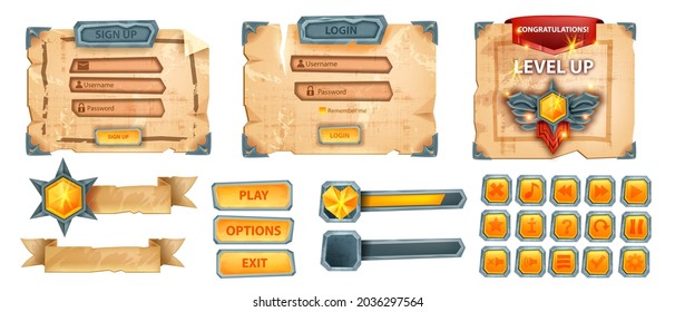 UI game button icon set, vector old parchment interface menu background, stone bar kit, health level. Ancient paper banner, ribbon, sign up window template, user login panel. UI game screen collection