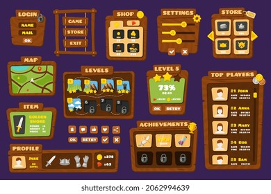 Ui game buttons. Gaming kit panels and buttons, games app elements. Mobile play store interface, welcome screen and user avatars recent vector set