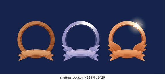 Ui Game Frames For Avatar, Wooden, Silver And Bronze Round Borders With Name Plaques, Vector Icons Set