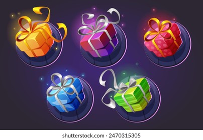 Icono de la caja de regalo del juego de Ui con Vector de dibujos animados de cinta. Diseño de paquete de recompensa de cumpleaños para App. Casino presente en rojo, azul y verde. Linda fiesta misteriosa sorpresa para la lotería o elemento de celebración