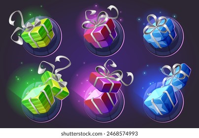 Ui game gift box vector. Birthday present icon cartoon. Open casino bonus package for lottery event. 2d treasure surprise for mobile app graphic concept. Colorful giftbox gui asset design set