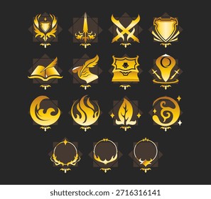 UI Spiel Symbol-Set, Fantasie-Spiel-Symbole, mit eleganten goldenen Farbverlauf, Symbol-Set-Illustration.
