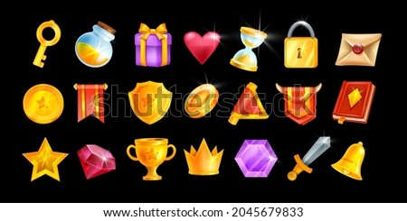 UI game icon set, vector casino interface object kit, magic inventory element collection, golden crown. Mobile app badge pack, magic potion bottle, trophy cup, letter, notification bell. Game icons