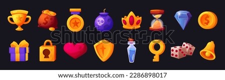 Ui game icons. Casino elements. Mobile or shield design. Bell and gift cup. Gold money. Stone key for lock. Gambling dice. Isolated heart and bomb. Vector recent cartoon pictograms set