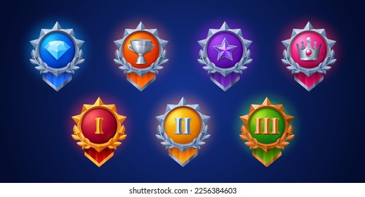 UI game icons of medals and award badges with symbols of star, crown, cup and diamond. Level achievement kit with gold, silver and bronze award emblems, vector cartoon set