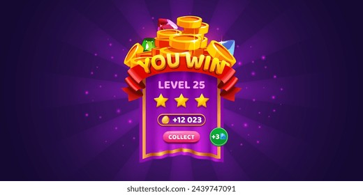 Ui game or level win popup button banner. Winner badge design for trophy. Victory interface template in tournament or competition with gold coin on purple background. 2d bonus or event complete result