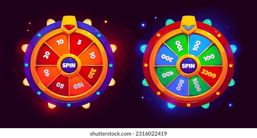 Ui game lucky wheel fortune spin for win prize vector design. Free gift turn fortuna and luck. Blue mobile lottery with sparkle and twinkle glow collection. Vegas leisure jackpot element to play set