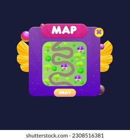 UI For Game Map Badge Pop Up Window With Abstract Background Night Sky Space Planets With Stars And Fog Pink Purple Orange Yellow Red  Vector Design