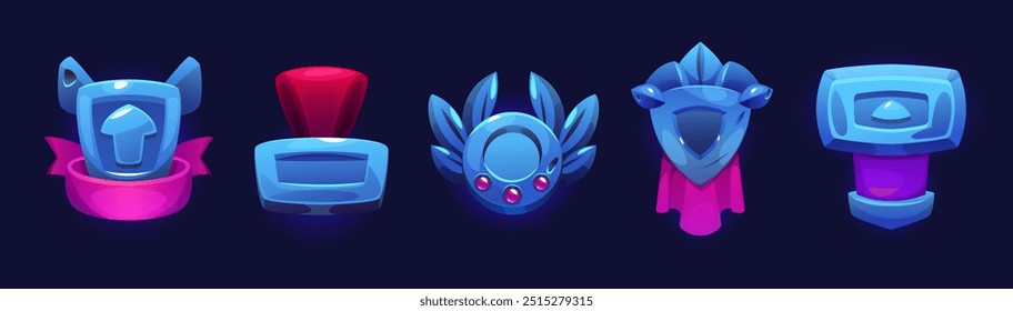 Ui game medal icon for achievement vector design. Prize shield and reward emblem banner for gamer app interface. Casino gui png bonus with gem and pink ribbon. Blue winner frame for complete level