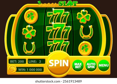 UI game slot machine with buttons and symbols on the theme of St. Patricks Day. Slot symbols- 777, clover, golden lucky coin and horseshoe