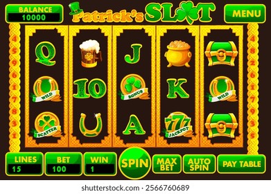 UI game slot machine with buttons and symbols on the theme of St. Patricks Day. Set of 12 Slot symbols