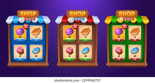 Ui game store frame interface with button cartoon element set. Gui mobile app wooden shop box design illustration with props selection to buy. Signboard sale window with tent and showcase collection