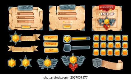 UI Game Vector Button Design Set, Old Parchment Background Menu Kit, Interface Panel Sign Up Window. Level Up Winner Badge, Paper Ribbon, Mobile App Elements, Frame Board Template. UI Game Collection